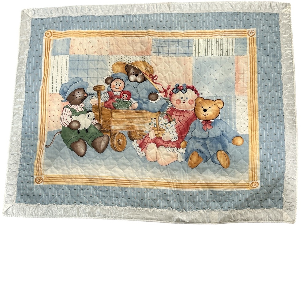 Vintage embroidered Blue Patchwork Quilt with Teddy Bear Design